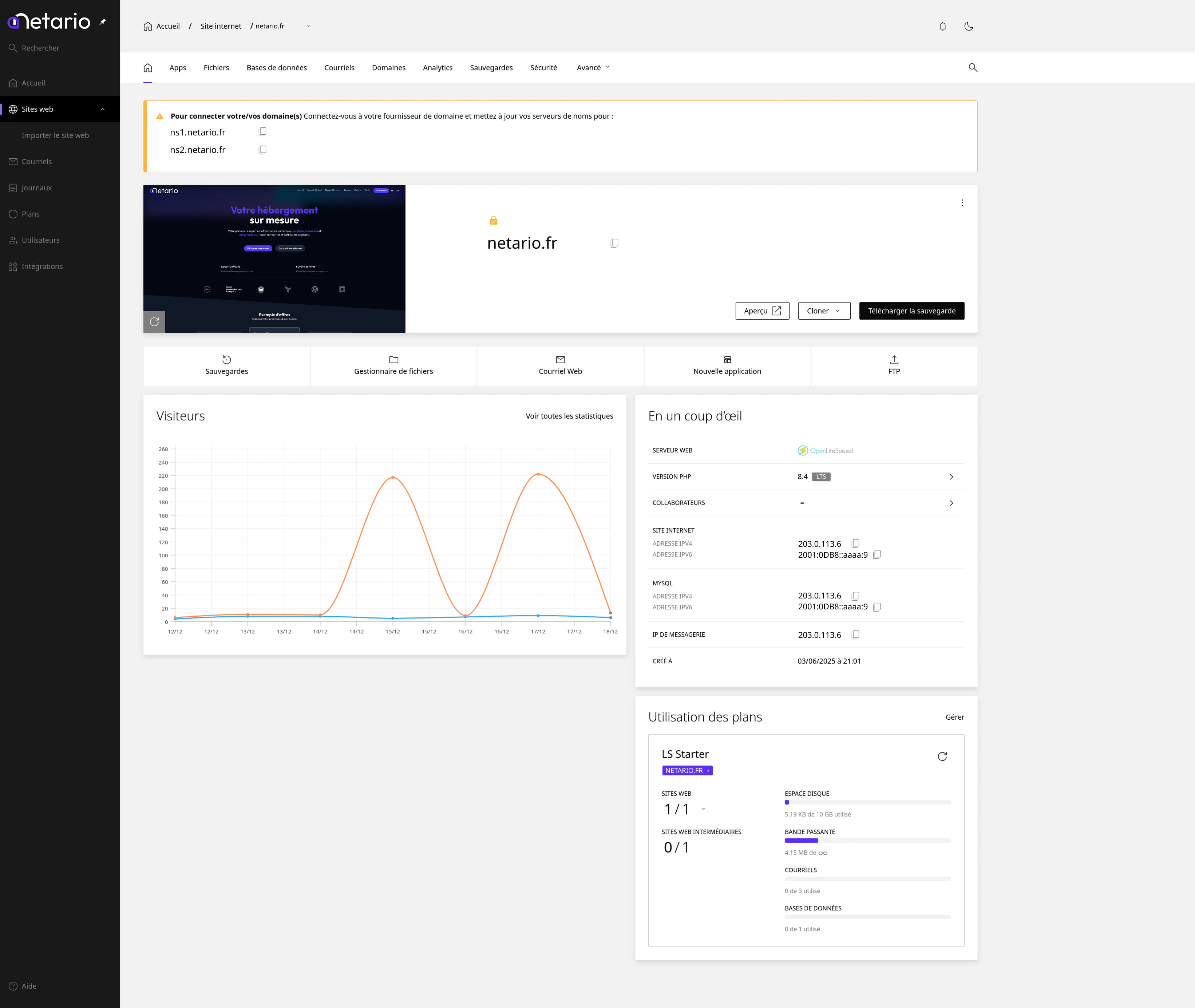 Web hosting control panel - Site management